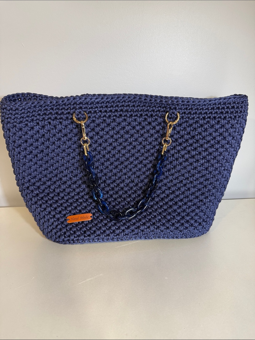 Handmade Navy Crochet Tote with Chain Handles